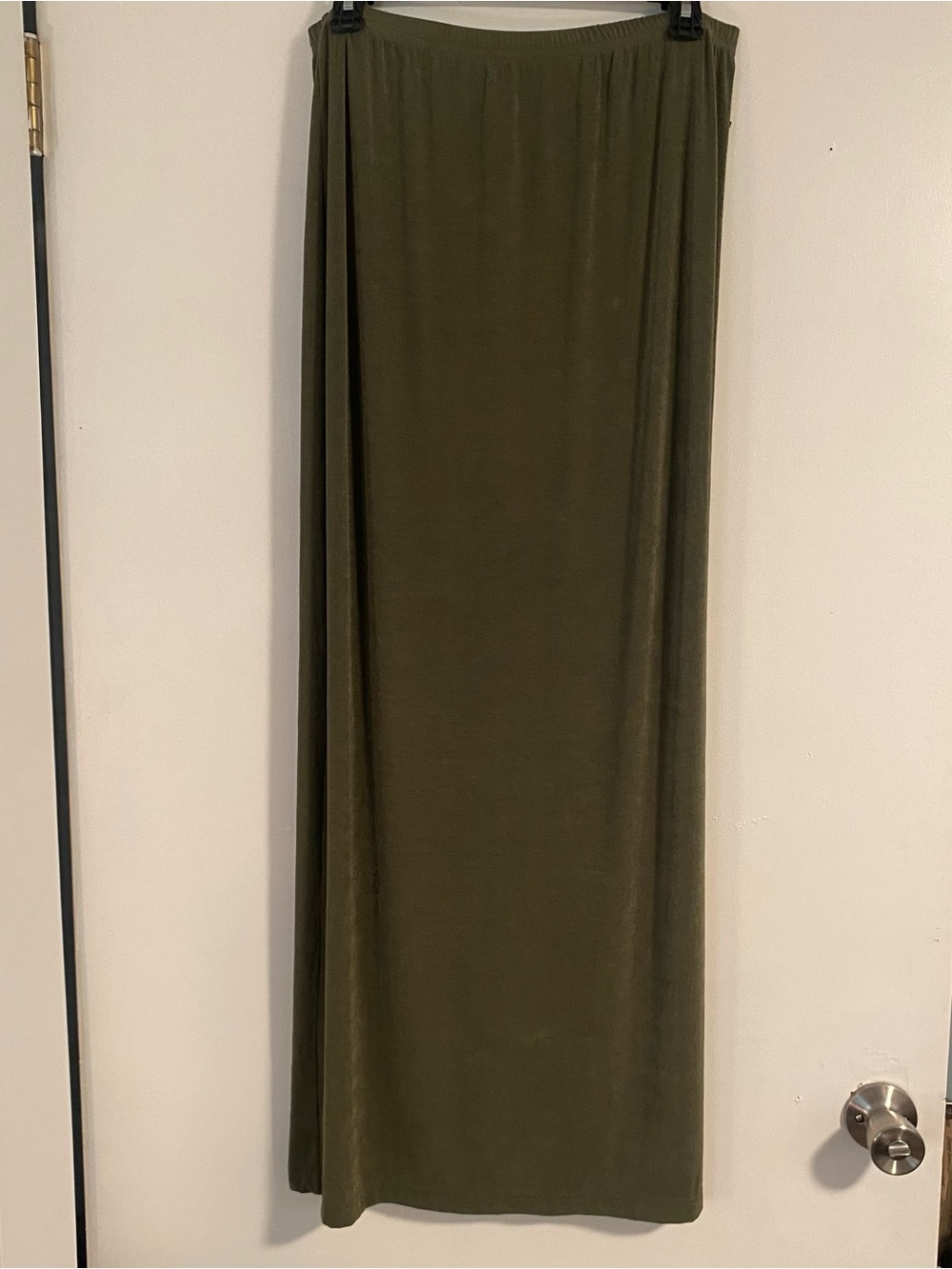 Worn Once Olive Green Satin Maxi Skirt Womens M Stretch Whimsy Fairy CottageCore